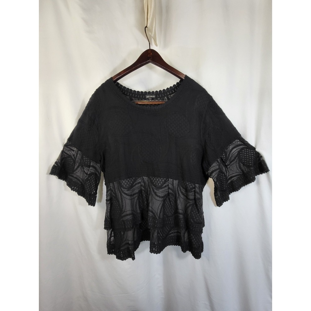 Coco + Carmen‎ Black Tiered Lace Blouse Embroidered Scallop Bell Sleeve L/XL